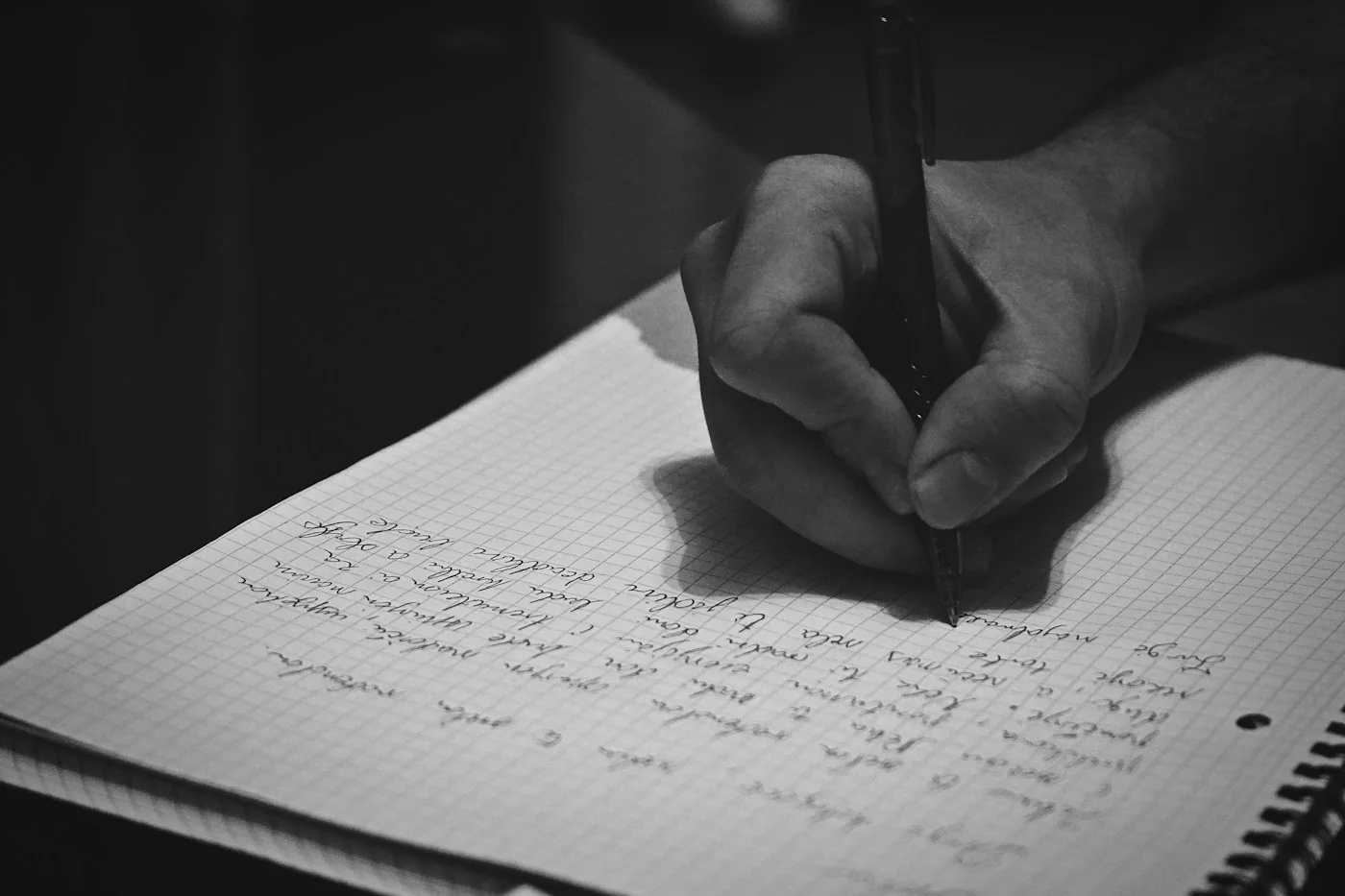Taking notes in a notebook. Academic context photograph; it does not depict participants or questionnaires from the Galician study.