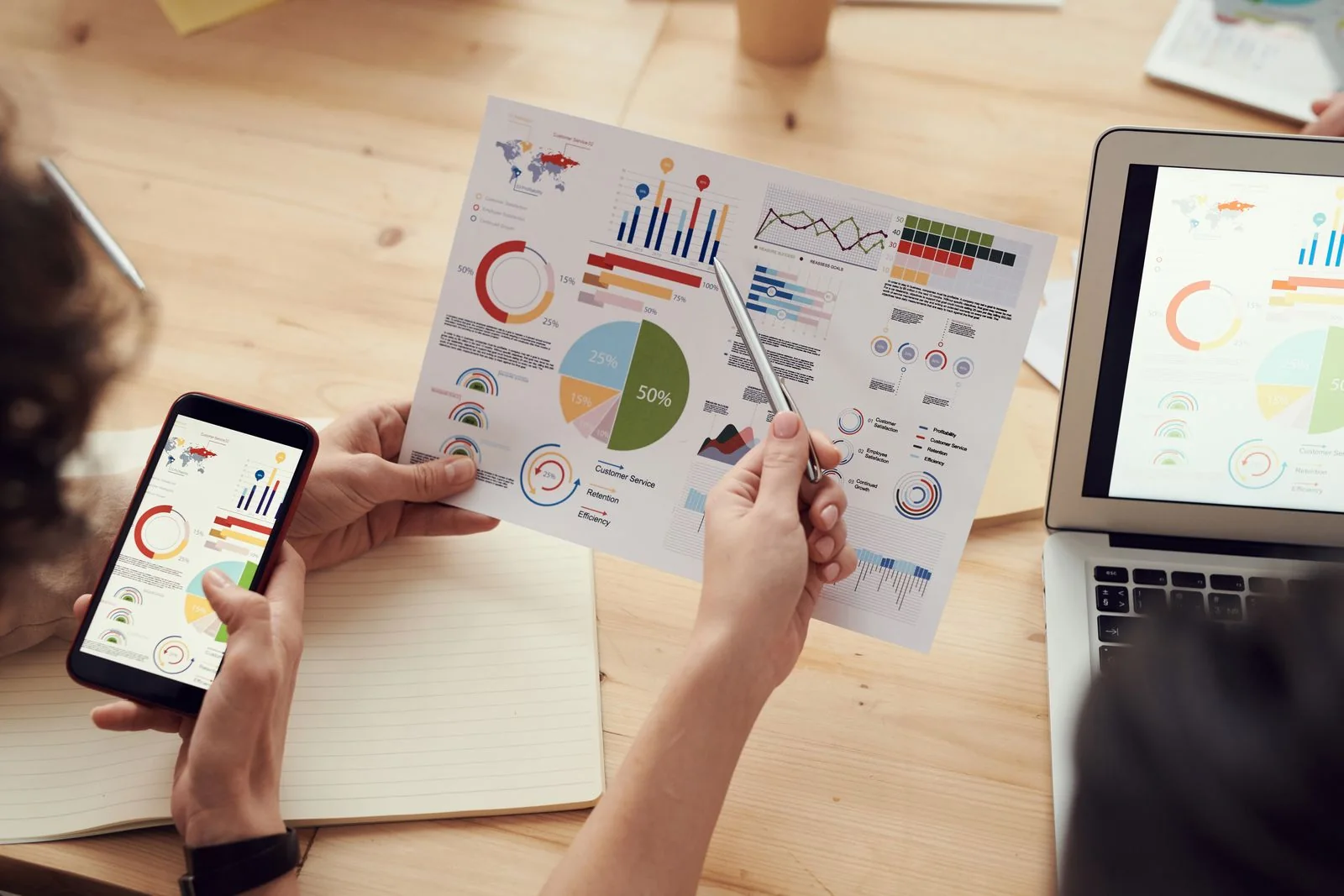 Charts being discussed at a desk. Stock photograph; the documents shown are not Drinkaware’s results.