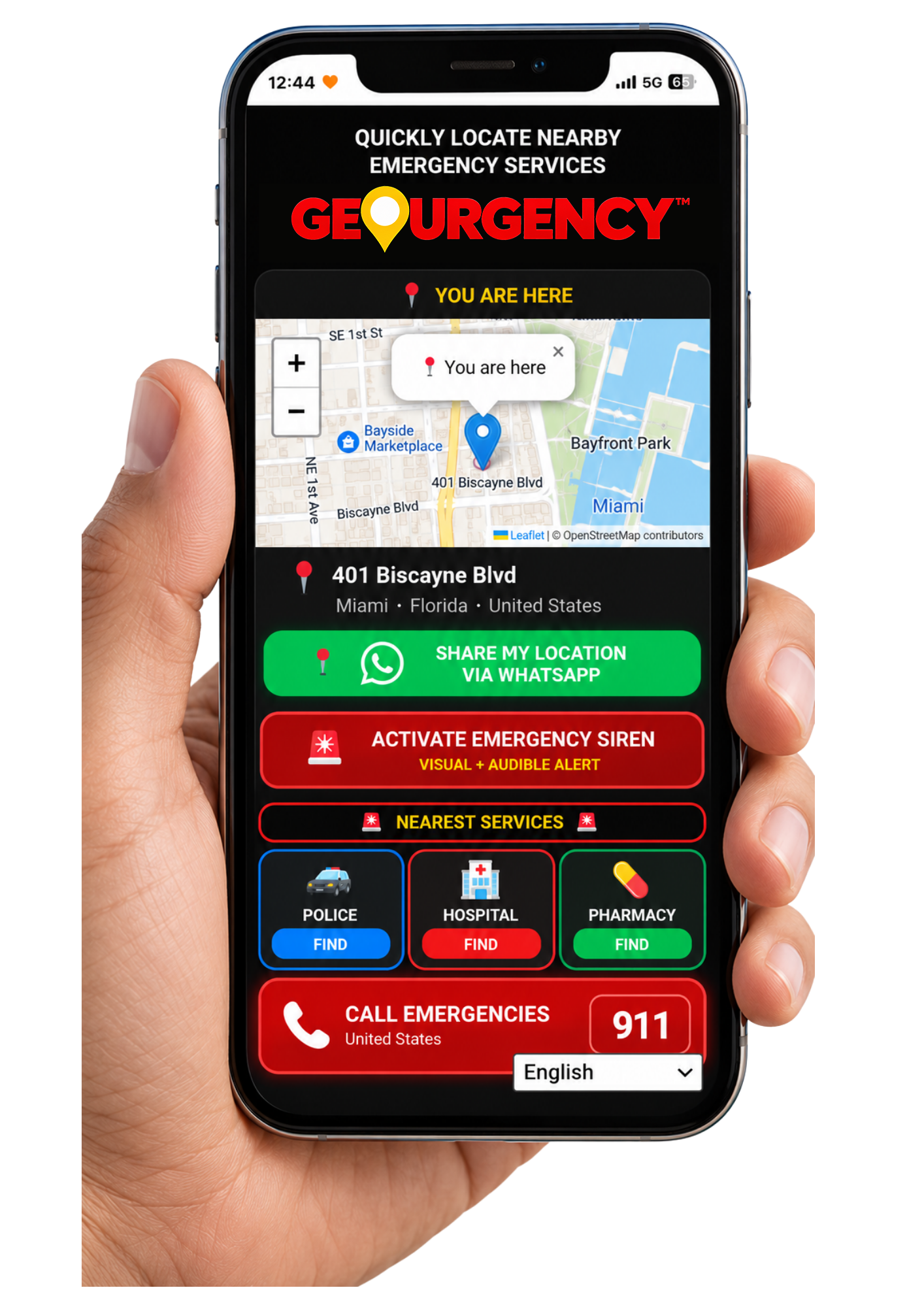 GEOURGENCY™ displayed on a phone, with its English interface. Image supplied by AGLAYA.